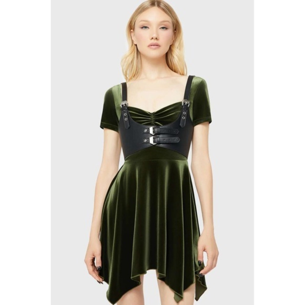 Killstar Auralift Olive Green Velvet Skater Dress Handkerchief Hem Extra Large